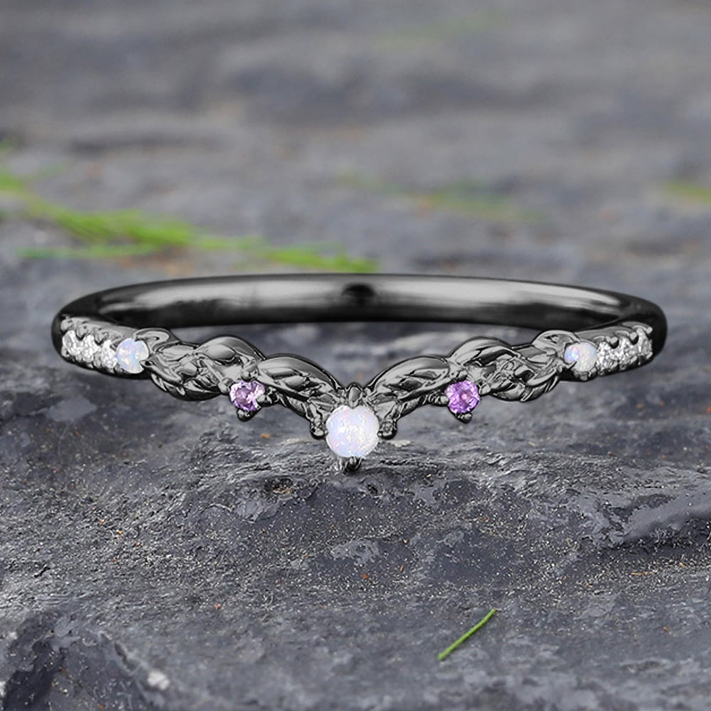 Opal & Amethyst Curved Wedding Band Black Gold Nature Inspired Ring
