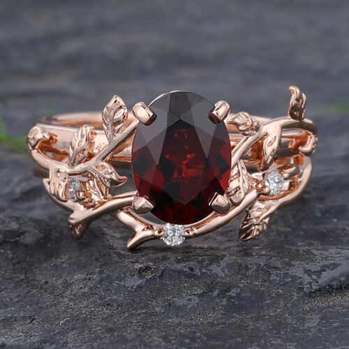 Oval Cut Garnet Engagement Ring Set Twisted Vine Design with Diamond Accents