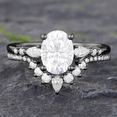 Oval Cut Moissanite Engagement Ring Set Black Gold Bridal Ring Set