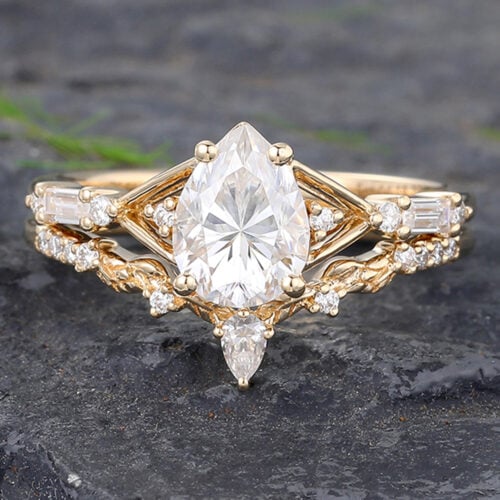 Pear Cut Moissanite Engagement Ring Set Nature Inspired Accent