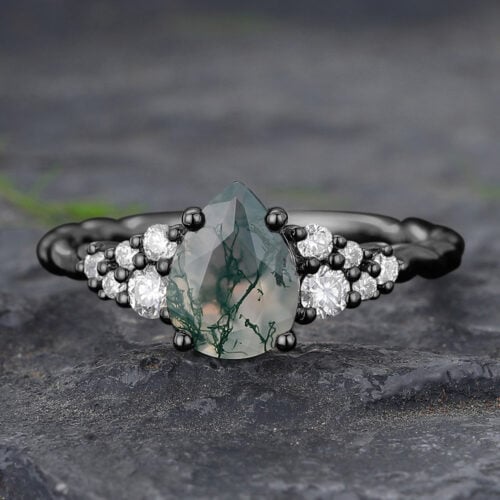 Pear Cut Moss Agate Cluster Engagement Ring Twisted Black Gold Ring