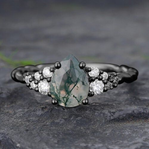 Pear Cut Moss Agate Cluster Engagement Ring Twisted Black Gold Ring