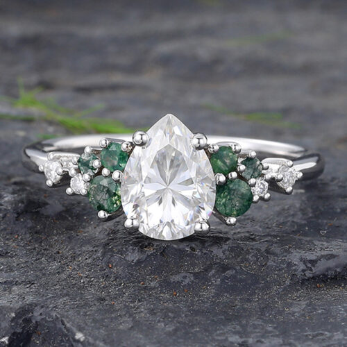 Pear Shaped Moissanite Engagement Ring with Moss Agate Cluster
