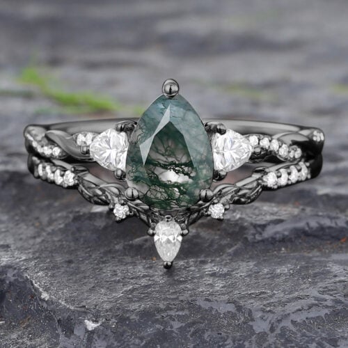Pear Shaped Moss Agate Engagement Ring Set Twisted Black Gold