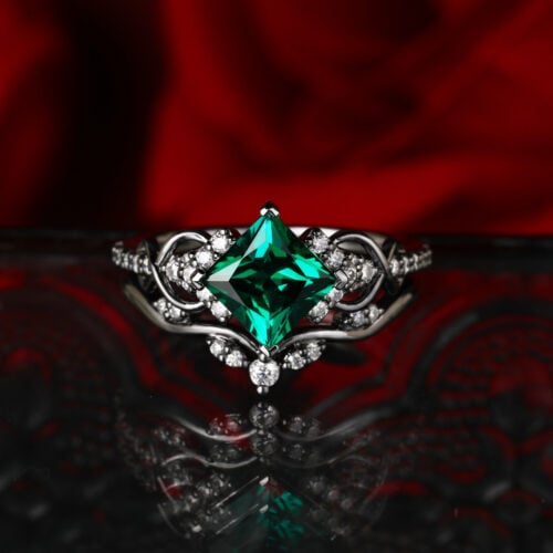 Princess Cut Emerald Infinity Engagement Ring Set with Pavé Accents