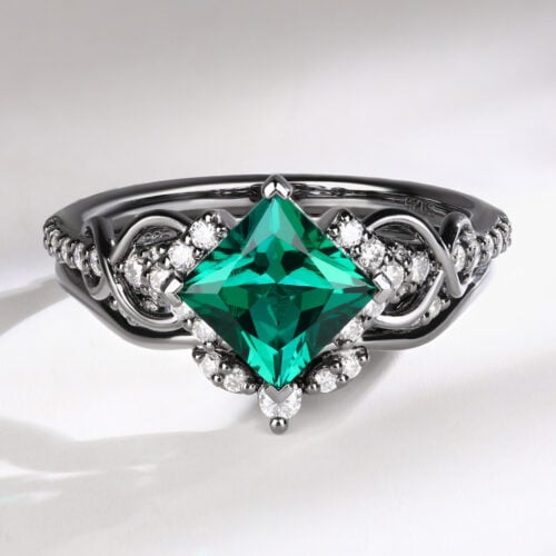 Princess Cut Emerald Infinity Engagement Ring Set with Pavé Accents