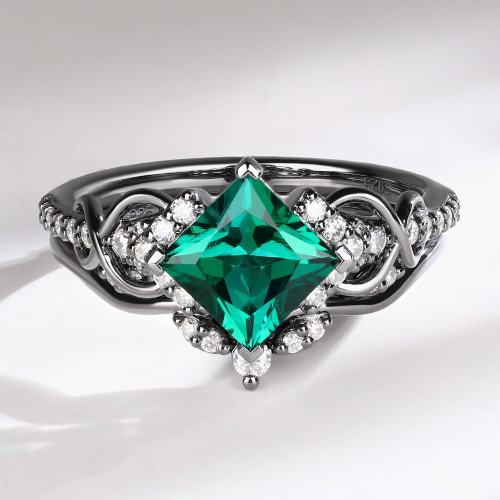 Princess Cut Emerald Infinity Engagement Ring Set with Pavé Accents