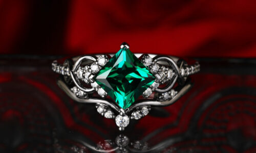 Princess Cut Emerald Infinity Engagement Ring Set with Pavé Accents