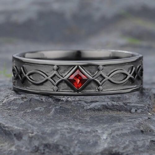 Princess Cut Garnet Wedding Band Vintage Engraved Black Gold