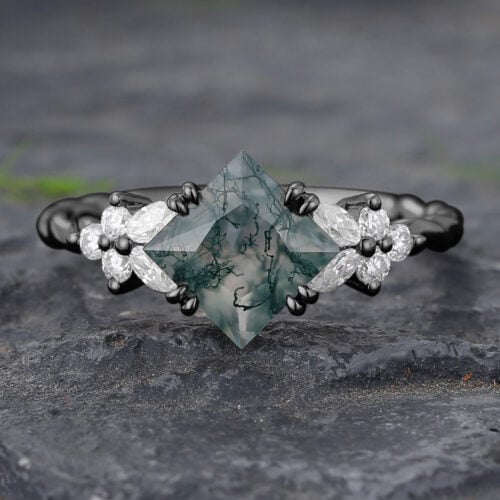 Princess Cut Moss Agate Floral Cluster Engagement Ring Twisted Black Gold Ring