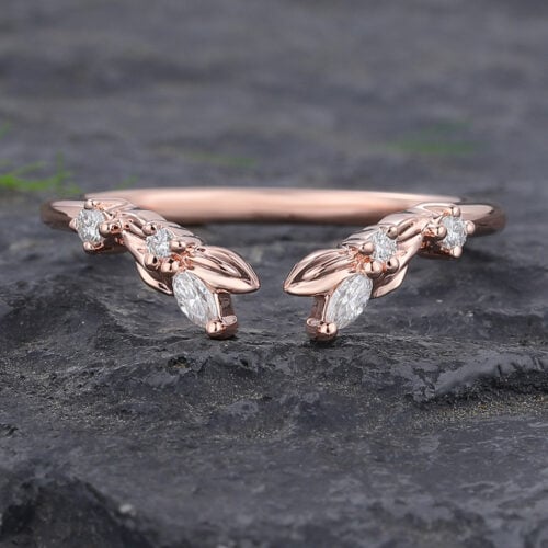 Rose Gold Leaf-Inspired Moissanite Open Curved Wedding Band