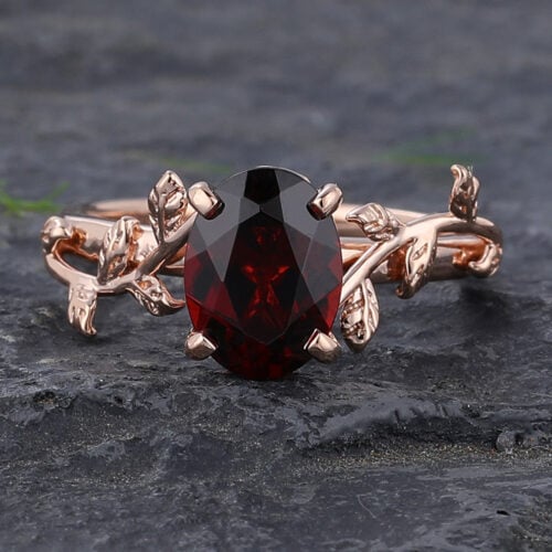 Rose Gold Leaf & Vine Oval Cut Garnet Solitaire Engagement Ring
