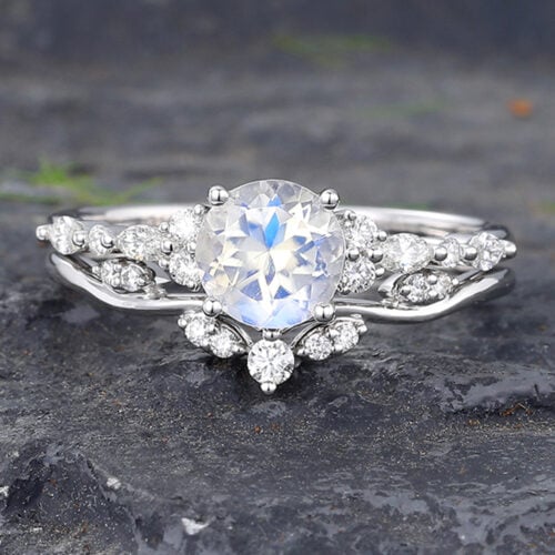 Round Cut Moonstone Engagement Ring Set with Sparkling Cluster