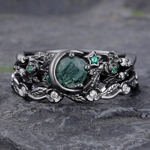 Round Cut Moss Agate Engagement Ring Set with Leaf-Inspired Accent