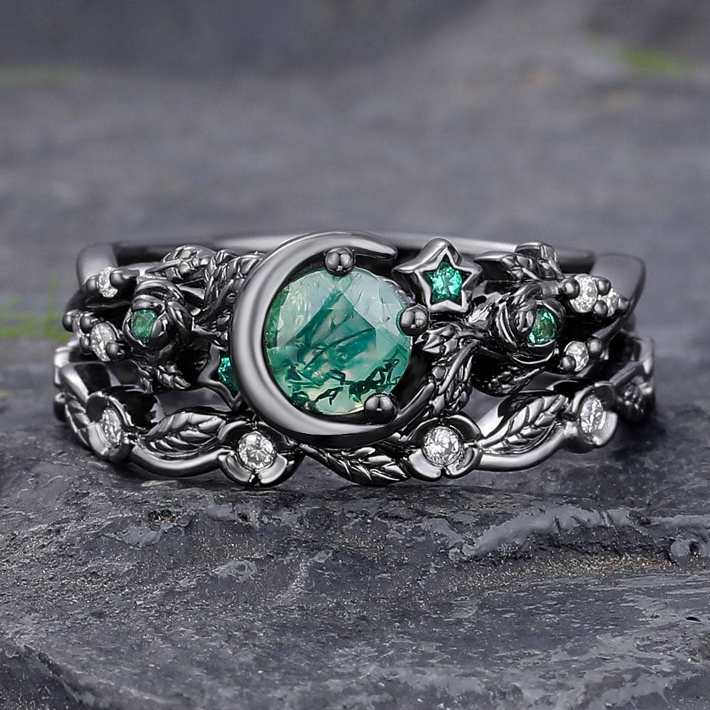 Round Cut Moss Agate Engagement Ring Set with Leaf-Inspired Accent