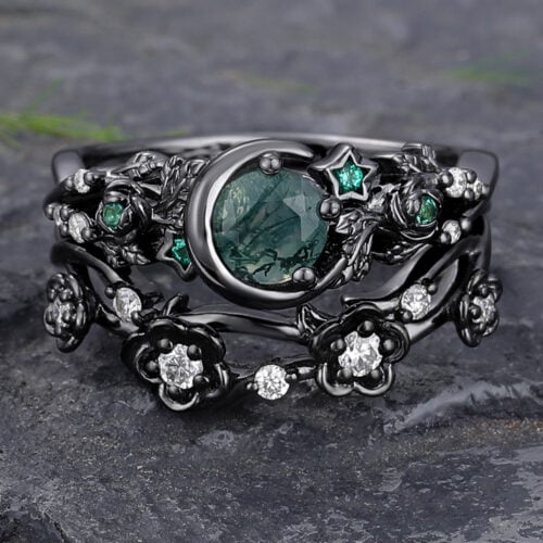 Round Cut Moss Agate Engagement Ring Set with Nature-Inspired Accents