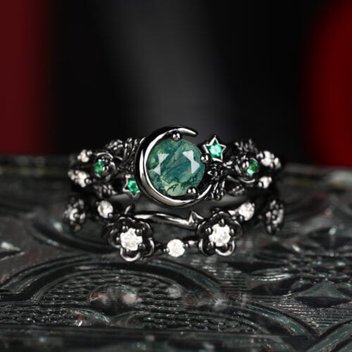 Round Cut Moss Agate Engagement Ring Set with Nature-Inspired Accents