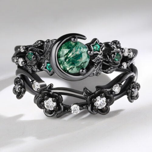 Round Cut Moss Agate Engagement Ring Set with Nature-Inspired Accents