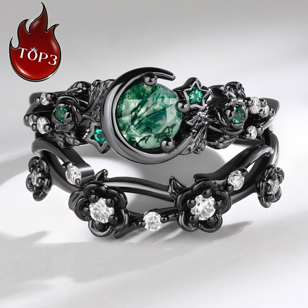 Round Cut Moss Agate Engagement Ring Set with Nature-Inspired Accents