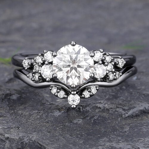Round Moissanite Engagement Ring Set Black Gold Bridal Set - 2PCS