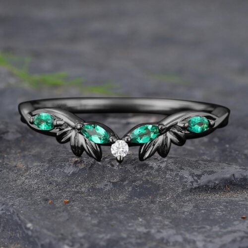 Twist Black Gold Emerald & Diamond Curved Wedding Band