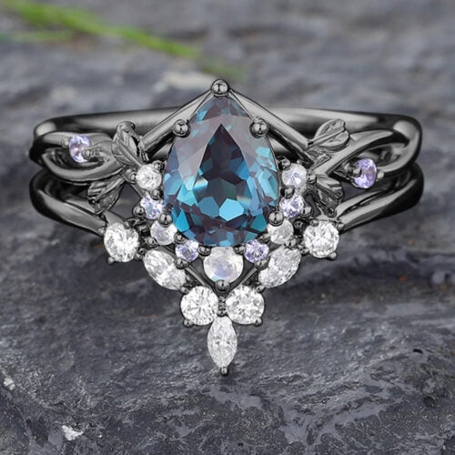 Twisted Black Gold Alexandrite Engagement Ring Leaf Design