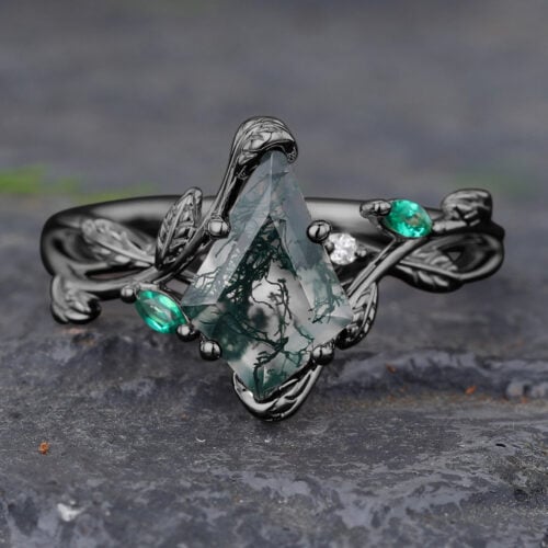 Vine Design Black Gold Kite Cut Moss Agate Split Shank Engagement Ring