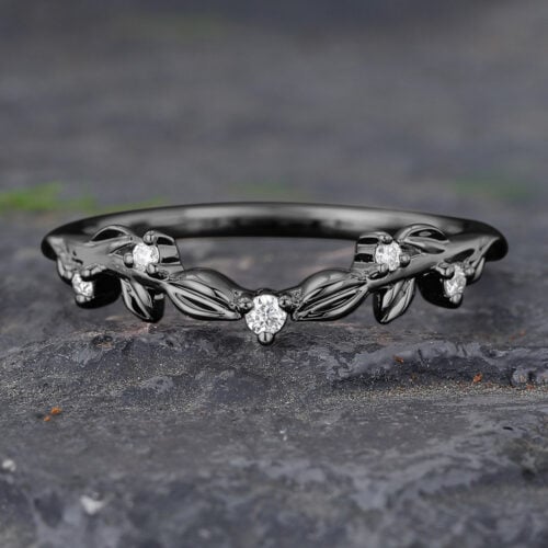 Vine Design Black Gold Moissanite Curved Wedding Band