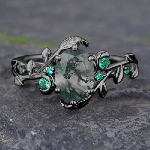 Vine Design Black Gold Oval Cut Moss Agate Engagement Ring with Emerald Accented