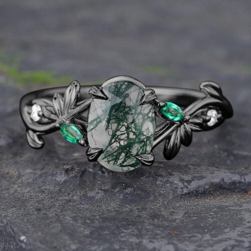 Vine Design Black Gold Oval Cut Moss Agate Split Shank Engagement Ring