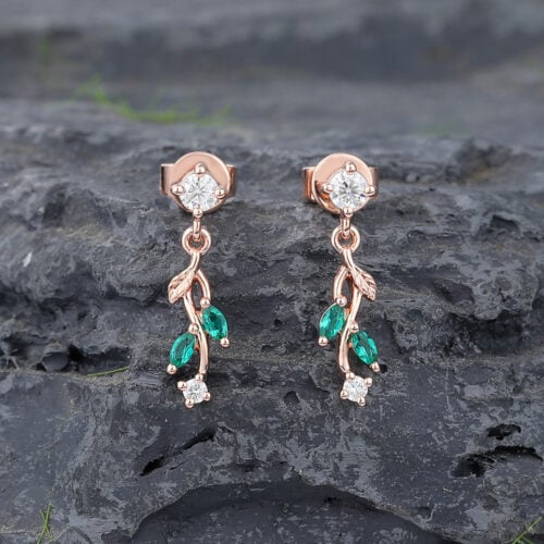 Vine Inspired Emerald & Moissanite Drop Earrings