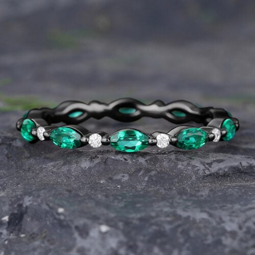 Vintage Full Eternity Emerald Wedding Band Marquise Cut in Black Gold