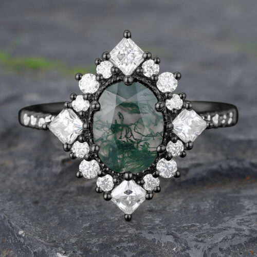 Vintage Moss Agate Halo Engagement Ring Beaded Black Gold