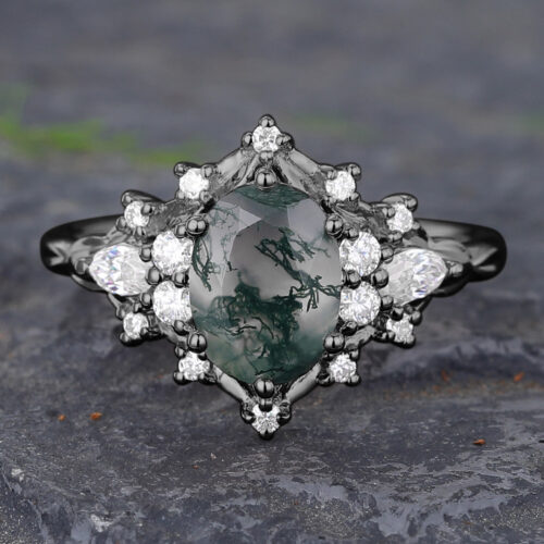 Vintage Oval Cut Moss Agate Cluster Engagement Ring Black Gold