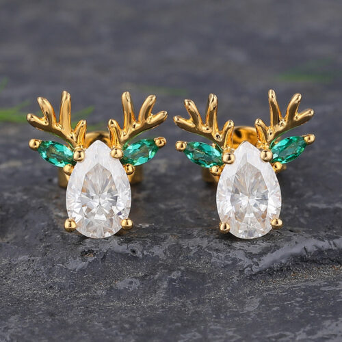 Christmas Deer-Inspired Pear Cut Moissanite Stud Earrings