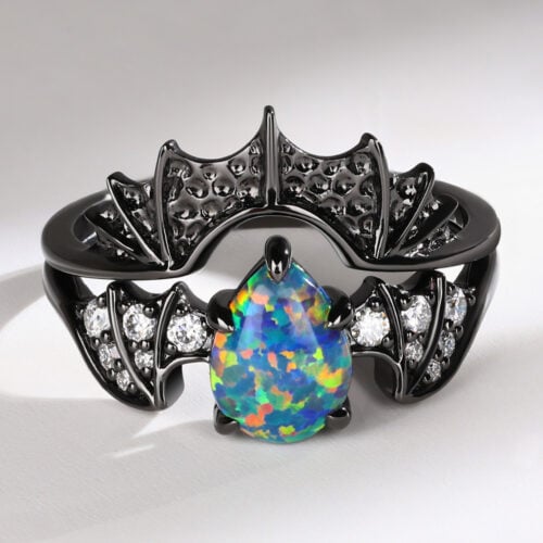 Gothic Bat Wing Pear Cut Black Opal Engagement Ring Set