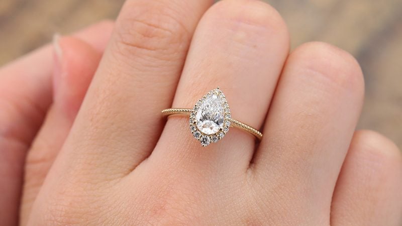 Vintage Pear Cut Lab Diamond Halo Engagement Ring 14K Yellow Gold