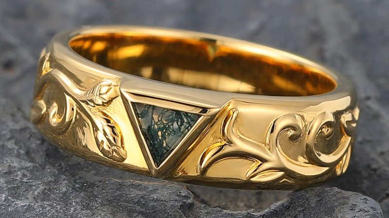 Bezel Triangle Cut Moss Agate Engraved Wedding Band Yellow Gold