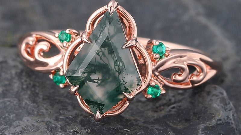 Filigree Kite Cut Moss Agate Engagement Ring with Emerald Accented (4)