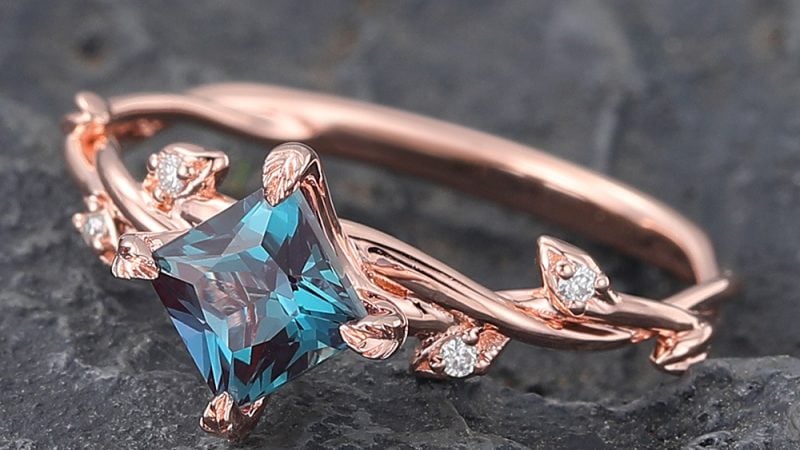 Princess Cut Alexandrite Nature Inspired Engagement Ring Rose Gold