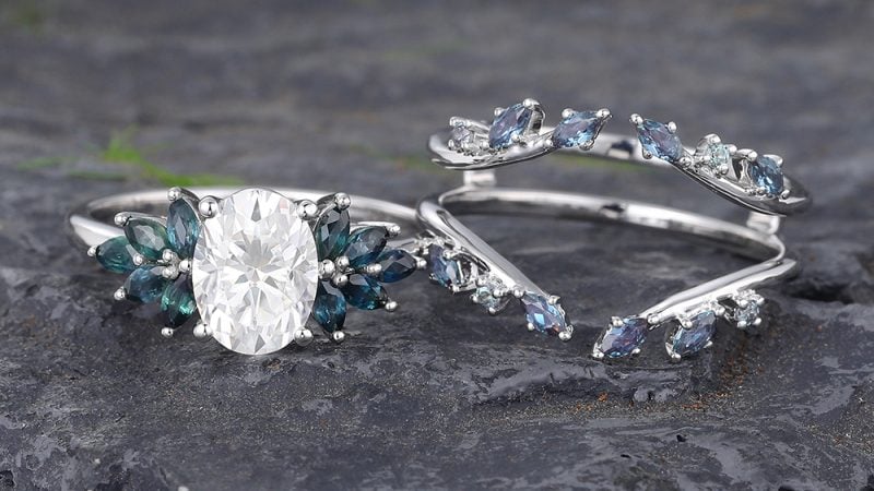 Vintage Moissanite Bridal Ring Set White Gold Teal Sapphire & Alexandrite Ring Set