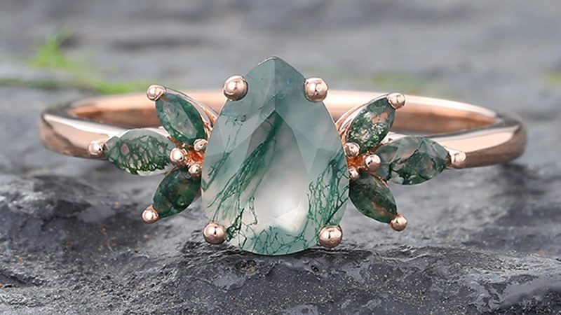 Moss Agate Ring Rose Gold Gemstone Cluster Ring Classic Ring