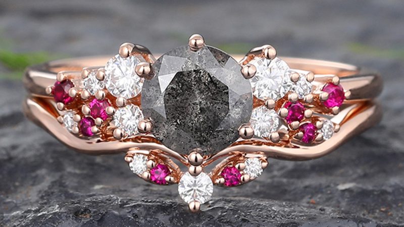 Ruby Promise Ring Salt and Pepper Diamond Engagement Ring Set