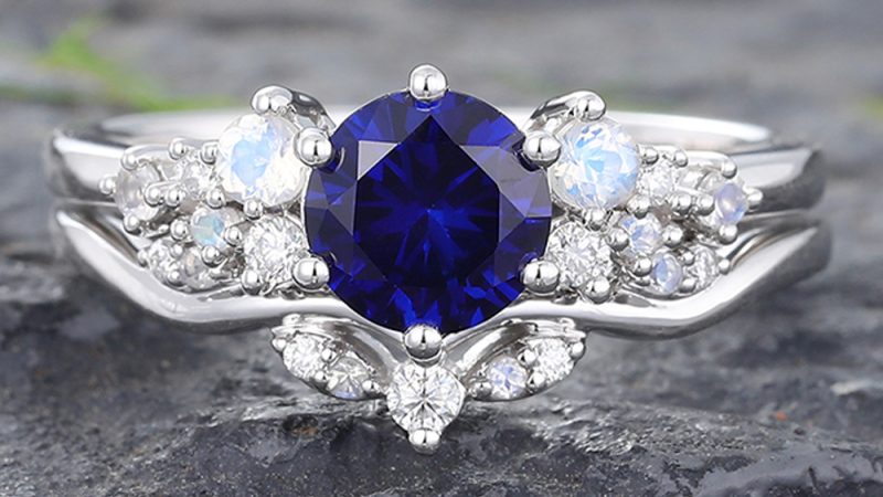 Sapphire and Diamond Rings White Gold Opal Wedding Ring Set