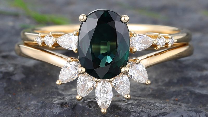 Green Blue Sapphire Set Yellow Gold Engagement Rings Oval