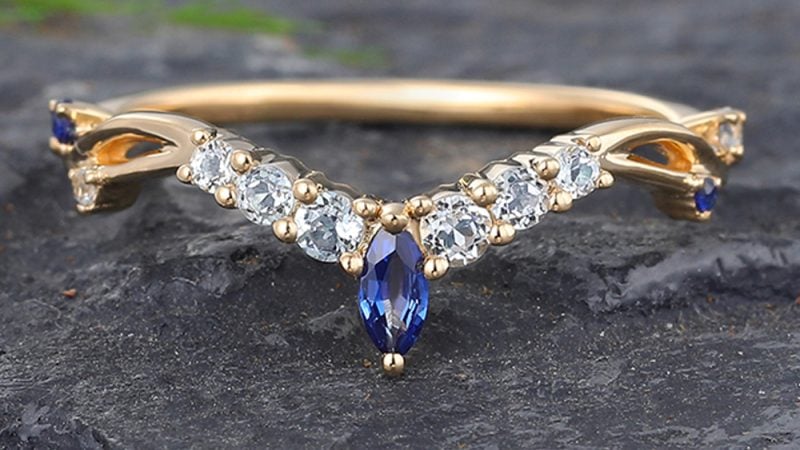 Vintage Sapphire & Aquamarine Curved Wedding Band 14K Yellow Gold