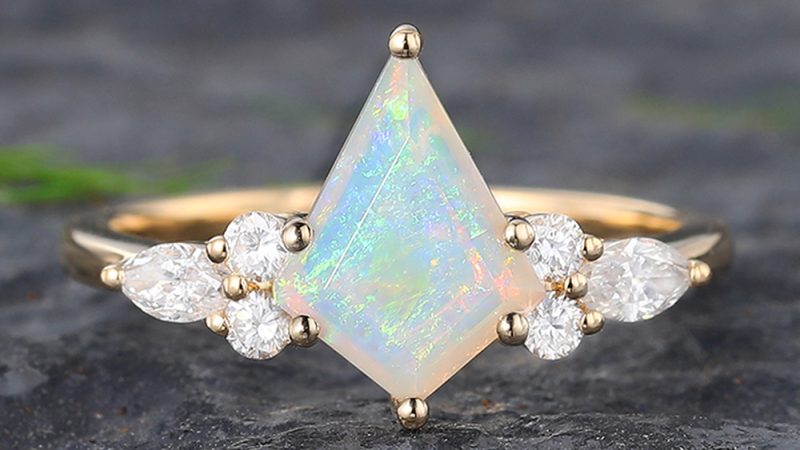Pattiring Kite Shaped Opal Yellow Gold Cluster Engagement Ring