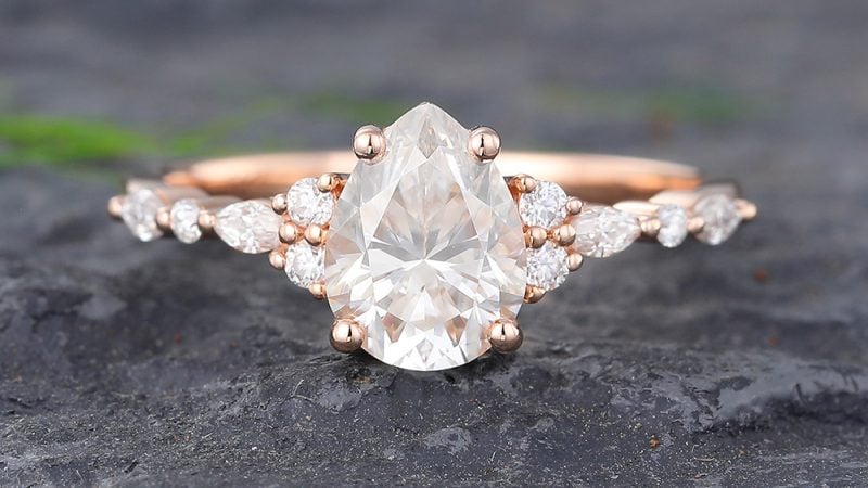 Pattiring Rose Gold 14K Pear Shaped Moissanite and Diamond Engagement Ring