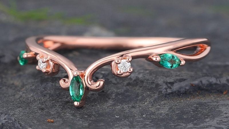 Rose Gold Filigree Emerald & Diamond Curved Wedding Band