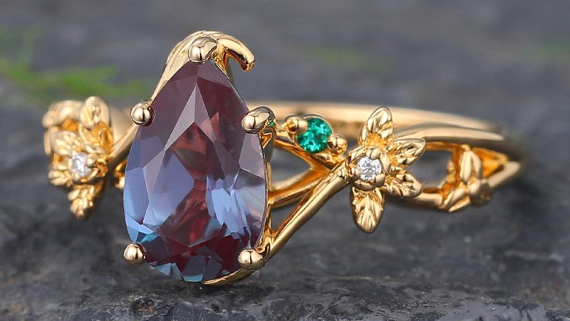 Vine Design Pear Shaped Alexandrite Split Shank Engagement Ring